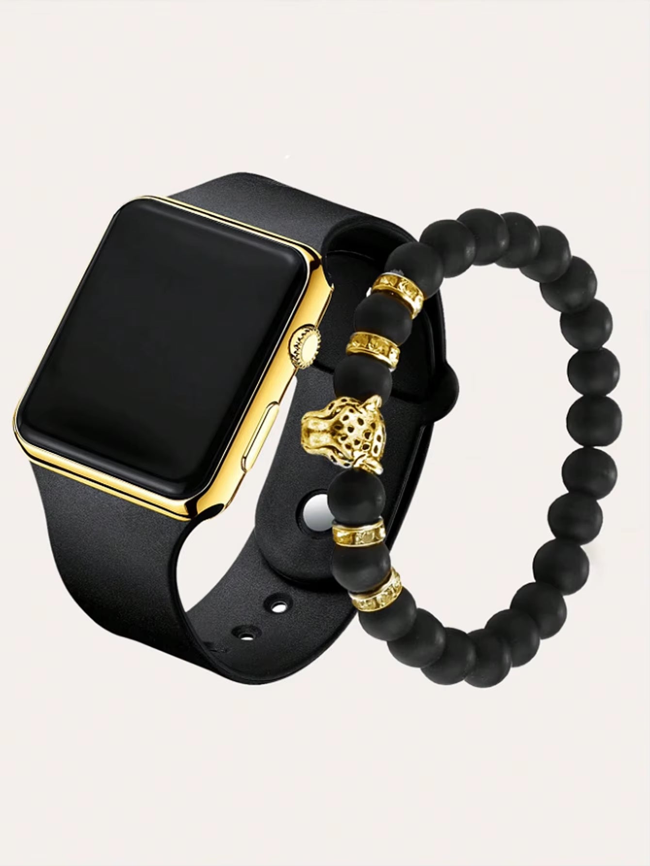 Fashion Simple Silicone Rectangular Men'S Electronic Watch with Acrylic Leopard Head Bracelet Gift Set