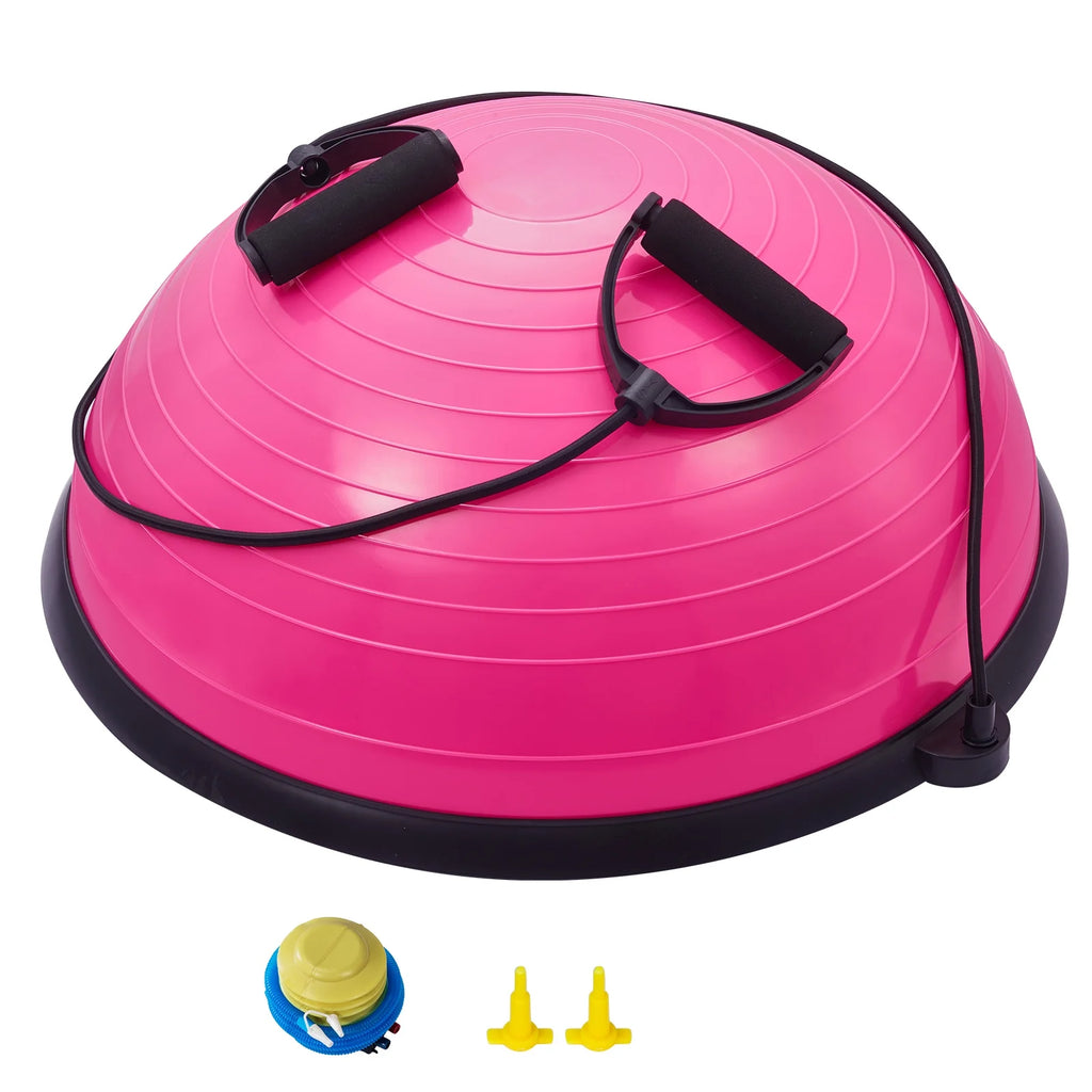 Half Balance Ball Trainer, 23-Inch Stability Ball with a 660Lbs Weight Limit, Includes Resistance Bands & Foot Pump for a Comprehensive Home Gym Experience, Ideal for Full Body Fitness, Pink